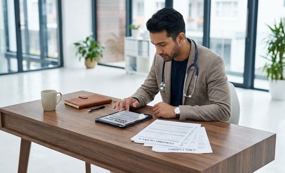 Healthcare administrator reviewing a federal grant application on a laptop